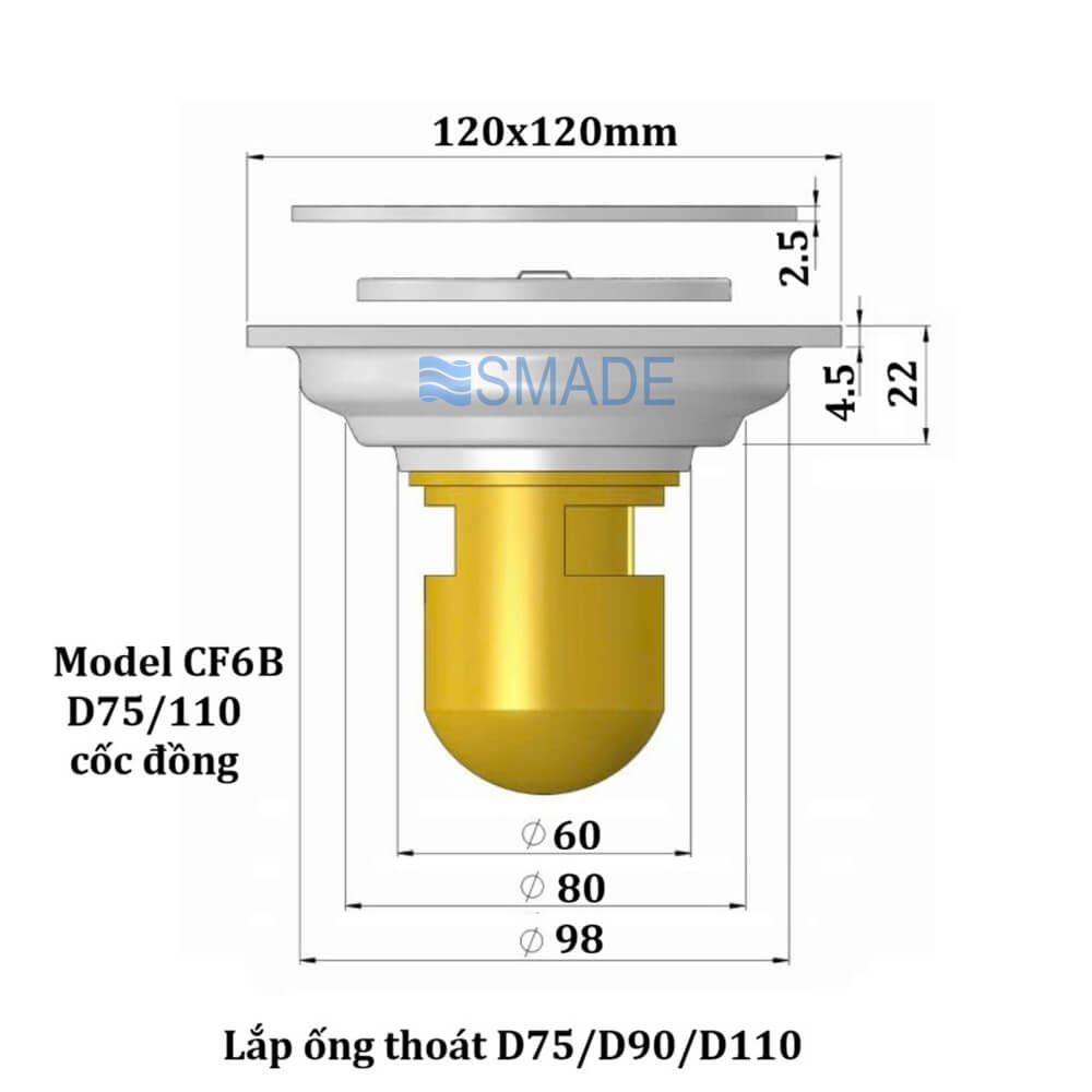 ga thoát sàn ngăn mùi CF6B kích thước 120x120