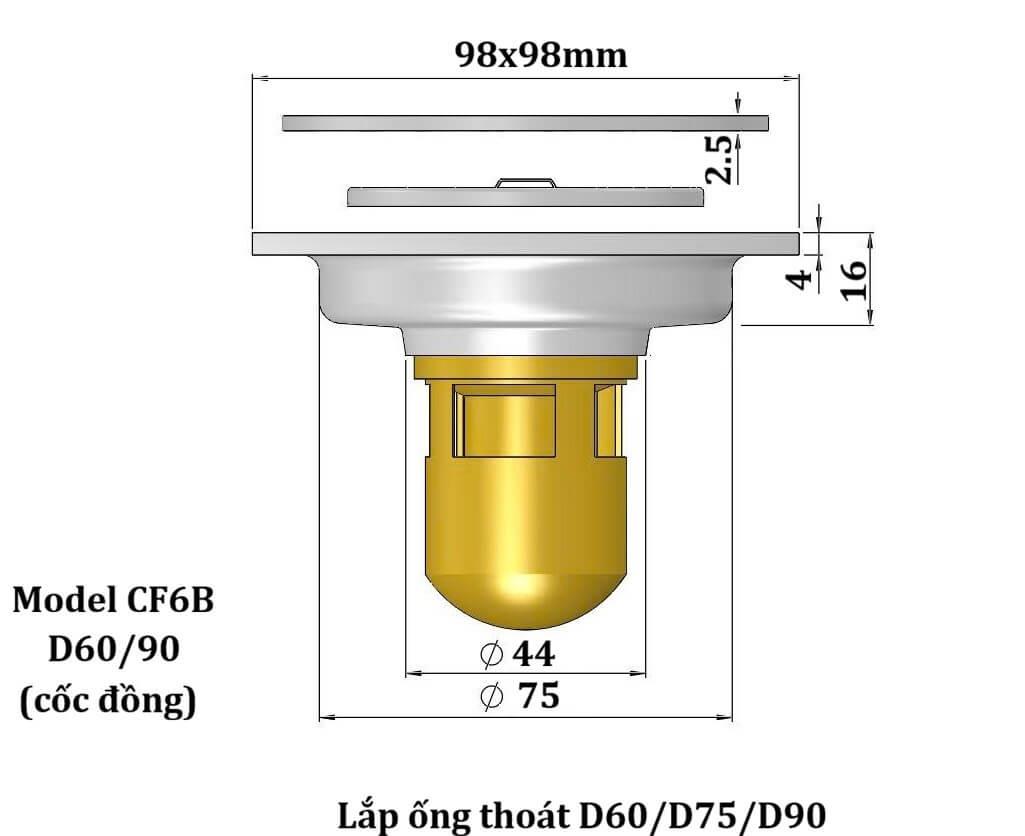 Ga thoát sàn ngăn mùi hôi CF6B kích thước 100x100, lắp ống D60/75/90