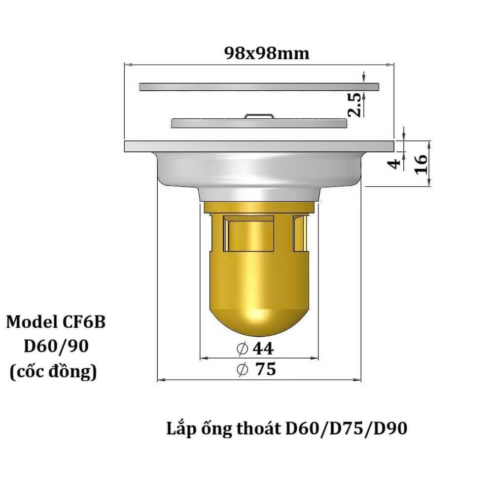 Thoát sàn ngăn mùi Inox CF6B kích thước 100x100, lắp ống D60/D90