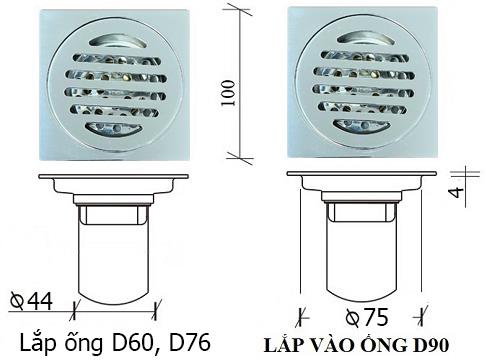 Phễu thoát sàn chống mùi hôi CF2B, lắp ống D60/76/90